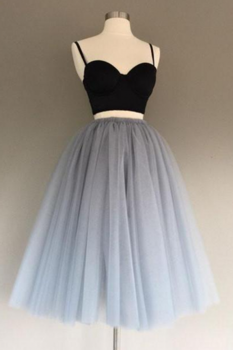 Gray Tulle Two Pieces Short Prom Dresses, Cute Homecoming Dress