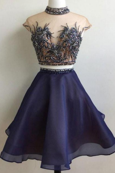 Two Piece High Neck Organza Short Prom Party Dress