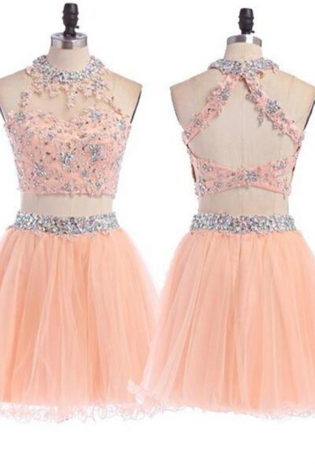 Sweet A-line Knee Length Halter Tulle Backless Pink Prom Homecoming Dress With Appliques Crystal,fashion Homecoming Dress
