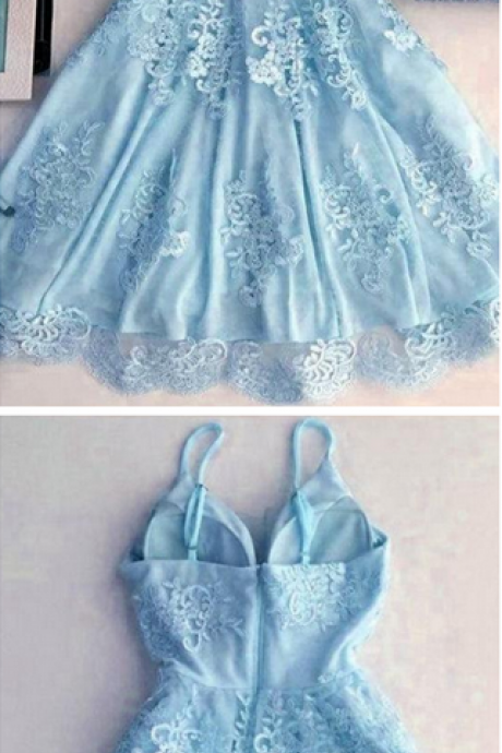 Light Blue Spaghetti Strap Homecoming Dress,lace Appliqued Short Homecoming Dresses, Sexy Mini Prom Dress
