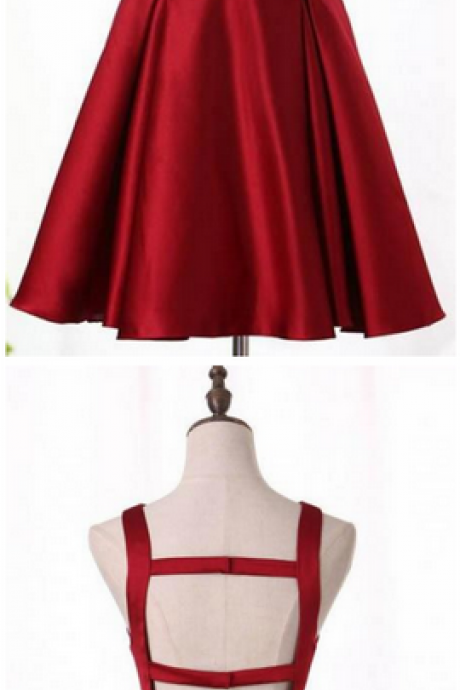 Burgundy Satin Short Homecoming Dress, A Line Short Prom Dress