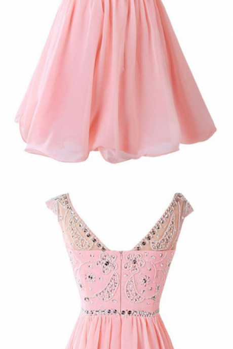 Sexy A-line Bateau Knee Length Pink Prom/homecoming Dress With Rhinestone,