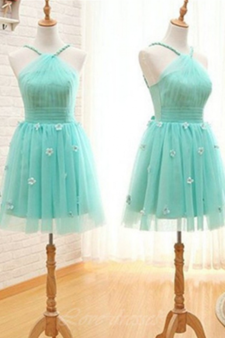 A-line Short Handmade Teal Tulle Open Back Homecoming Dresses With Appliques