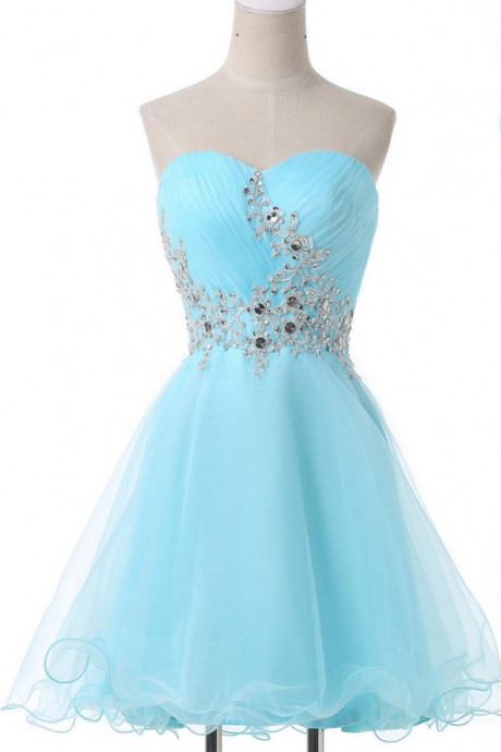 Tulle Light Blue Knee Length Sweetheart Prom Dresses, Short Blue Party Dresses, Homecoming Dresses