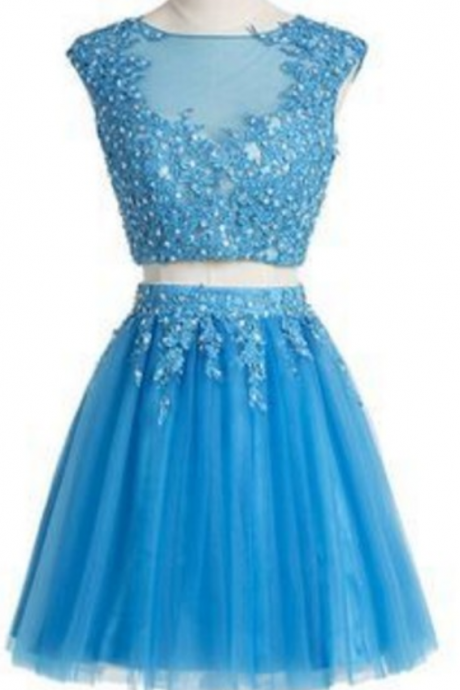 Two Pieces Light Blue Tulle Homecoming Dress With Beading Appliques
