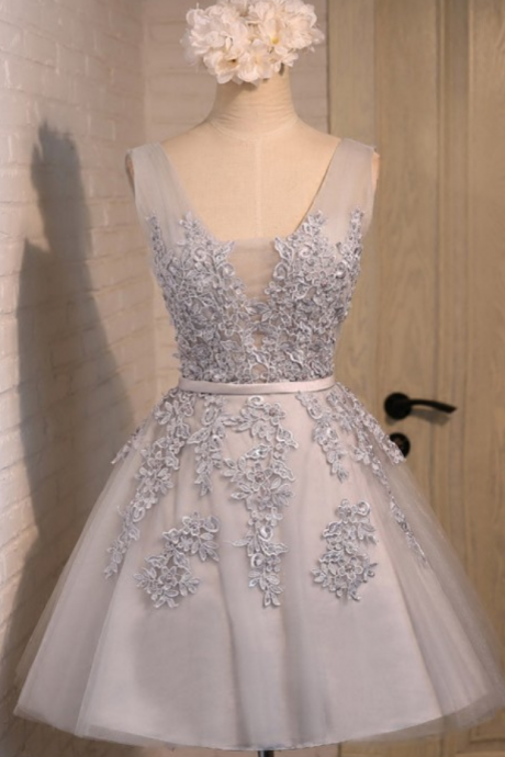 V Neck Appique Homecoming Dress, Silver Short Prom Dresses