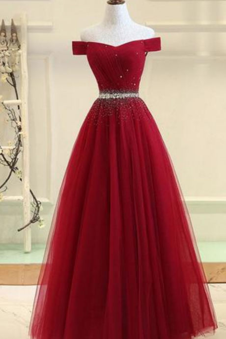 Fashion Off The Shoulder Tulle Homecoming Dress, Floor Length Long Prom Dress, Red Evening Dress