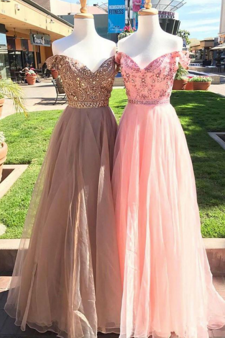  Shiny A-Line Off-Shoulder Pink Gray Tulle Long Prom Evening Dress with Beading