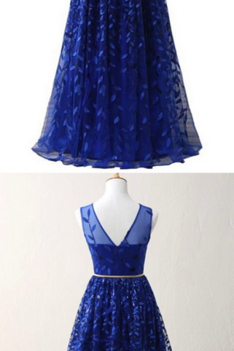 Royal Blue Lace Long Halter Prom Dress With Gold Belt