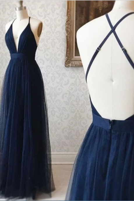 A Line V Neck Navy Blue Backless Prom Dresses, Navy Blue Backless Tulle Evening Formal Dresses