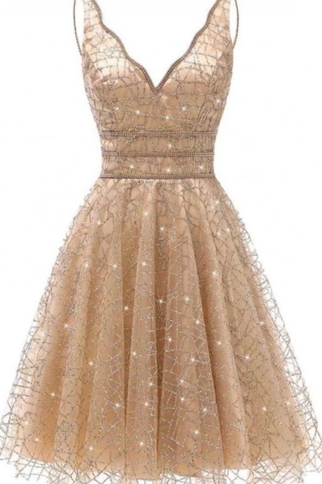 A Line V Neck Knee Length Gold Sequins Homecoming Dress With Beading