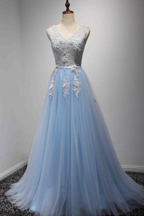 Light Blue V-neckline Tulle And Lace Long Formal Gown, Handmade Party Dresses
