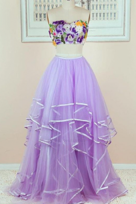 Floral And Tulle Two Piece Lavender Prom Dress 2019, Lovely Party Dresses