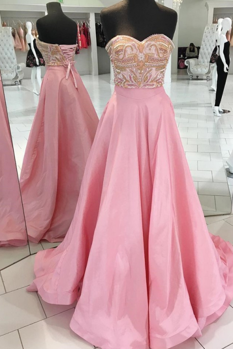 Sweetheart Pink Satin Beaded Customize Long Sweet 16 Prom Dress
