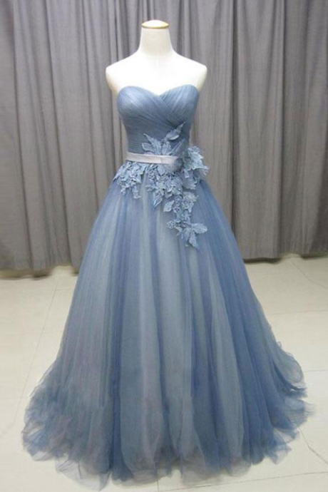 Simple Gray Blue Tulle Lace Applique Long Prom Dress, Tulle Evening Dress