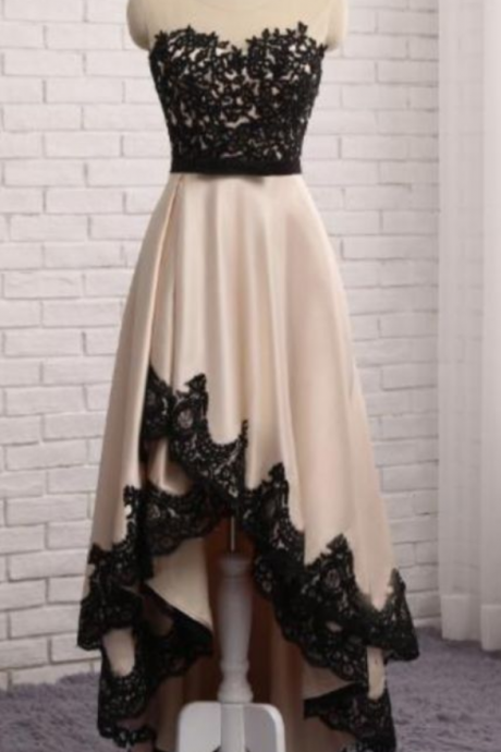 High Low Beige Satin Prom Dress Black Lace Appliques Strapless Party Dress