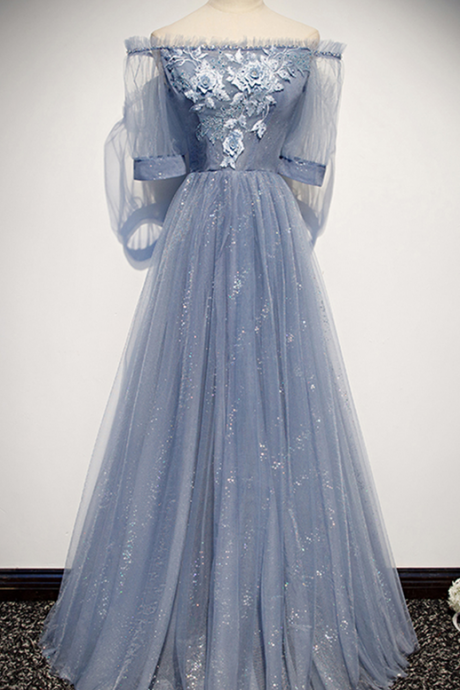 Blue Tulle Off Shoulder Long Sequins Prom Dress With Mid Sleeve
