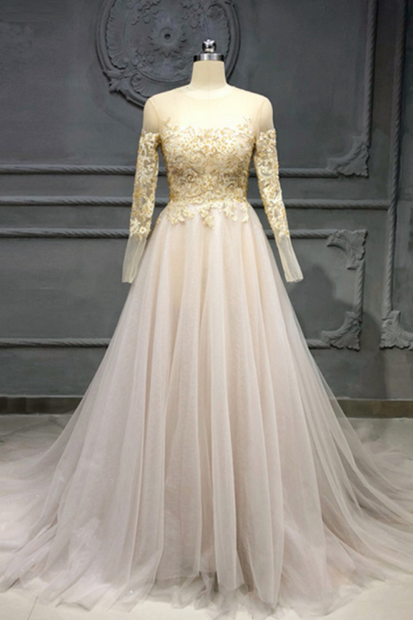 Creamy Tulle O Neck Long Sleeve Formal Prom Dress, Evening Gown