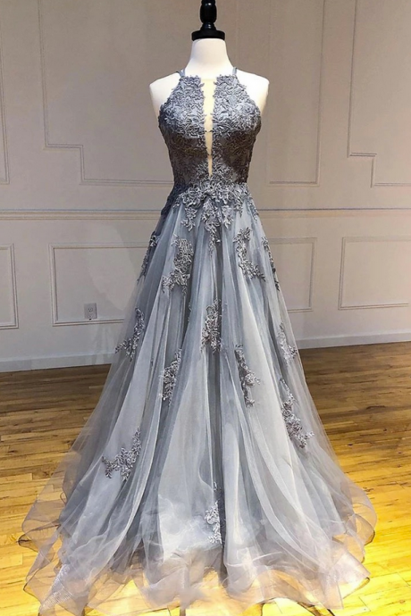 Gray Tulle Backless Long A Line Prom Dress, Evening Dress With Applique