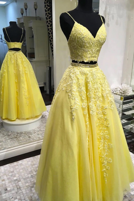 Yellow Tulle Lace V Neck Two Pieces Open Back Long Prom Dress, Evening Dress