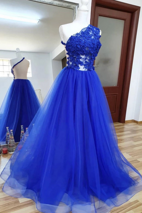 Royal Blue Tulle Lace One Shoulder Long Prom Dress, Evening Dress