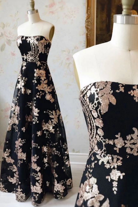Black Lace Sequins Long Strapless A Line Prom Dress, Evening Dress