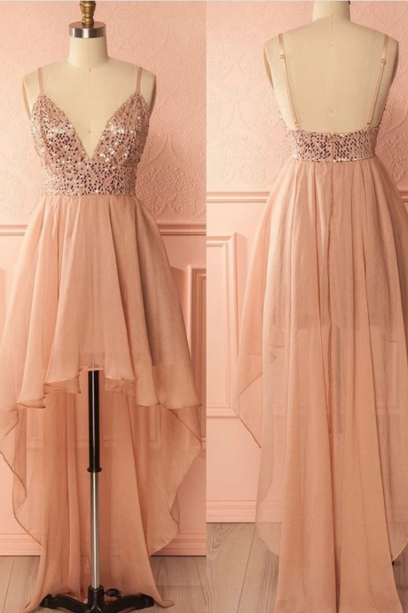 A-line/princess Prom Homecoming Dresses Short Pink Dresses With Backless Sequin High-low Enticing Prom