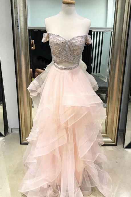 Pink Tulle Two Pieces Sequins Off Shoulder Long Homecoming Dress, Prom Dress
