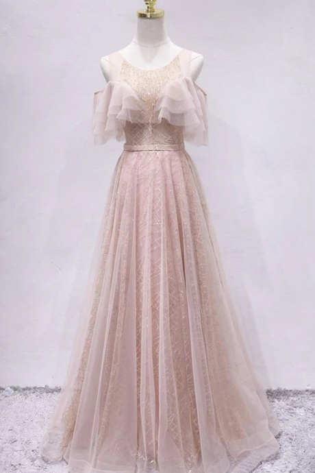 Stunning Pink Tulle Long Senior Prom Dress, Halter Formal Dress With Sleeves