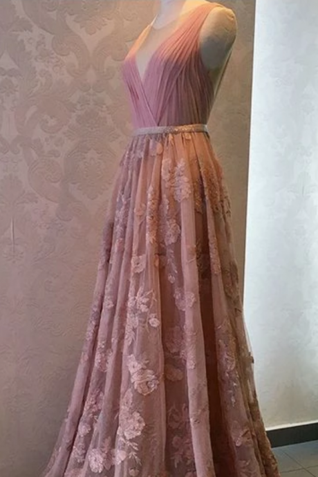 A-line Round Neck Beaded Long Pink Tulle Prom