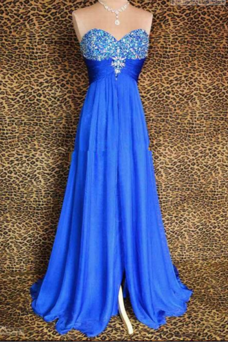 Real Image Royal Blue Evening Dresses Sweetheart Crystals Beads Sequins Chiffon Floor Length Prom Gowns Party Dress Custom Made