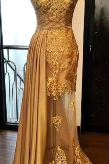 Off The Shoulder Long Evening Dresses Arabic Golden Tulle Applique Ruched Beaded Floor Length Pageant Formal Party Gowns Prom