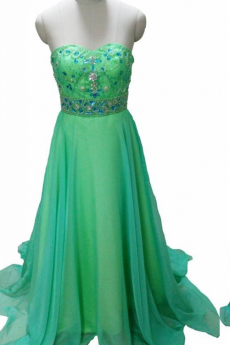 Top Selling Elegant Green Prom Dresses A Line Sweetheart Crystals Beading Long Chiffon Formal Party Dresses Graduation Gown Wedding Party Dress