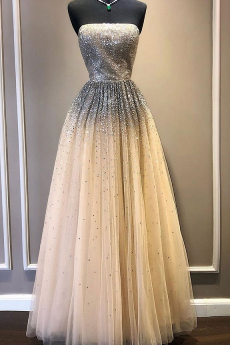 Champagne Tulle Sequin Long Prom Dress, Tulle Formal Dress