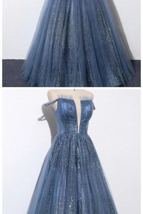 Blue tulle sequins long prom dress, evening dress