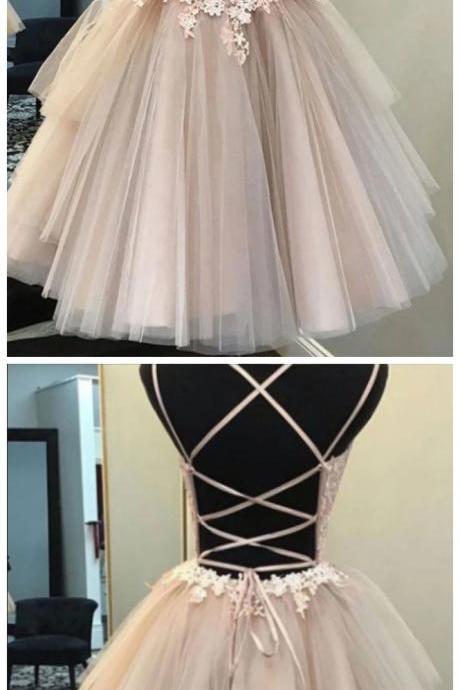 Champagne v neck tulle lace short prom dress lace homecoming dress 