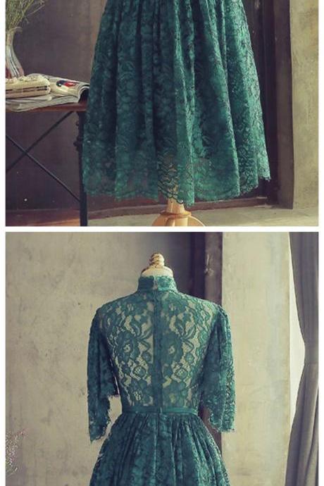  Green lace short prom dress green lace homecoming dress 
