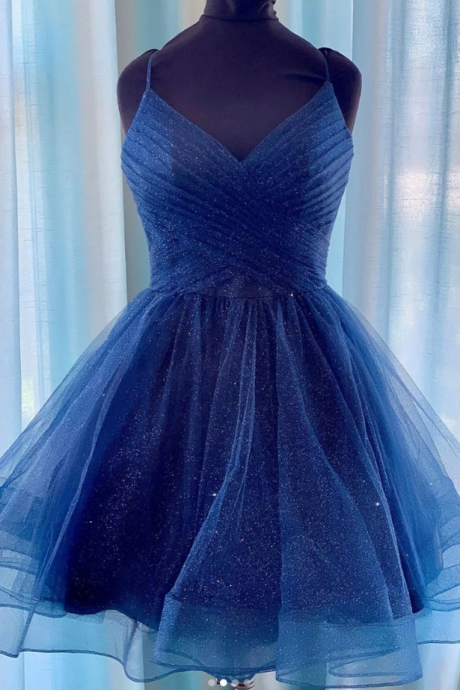  Tulle short prom dress blue tulle homecoming dress 