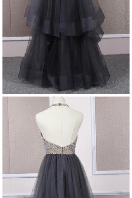 Unique tulle beads long prom dress tulle long evening dress
