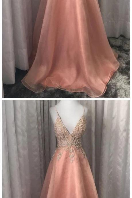 Pink v neck tulle beads long prom dress pink evening dress