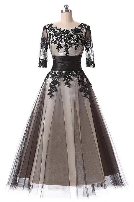 In Stock Elegant Tulle Scoop Neckline A-line Tea-length Prom Dresses With Lace Appliques