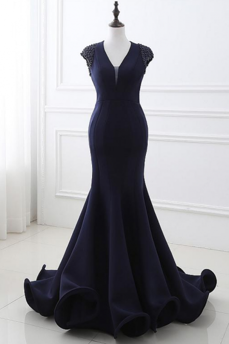 In Stock Modern Polyamide V-neck Neckline Cut-out Mermaid Formal Dresses With Beadings