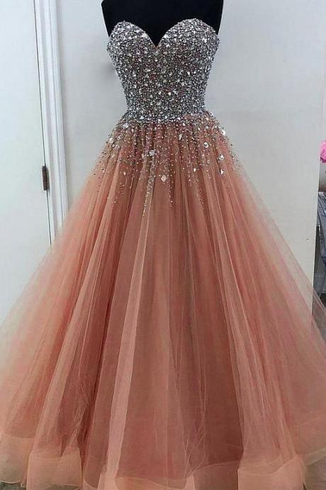 Elegant Tulle Sweetheart Neckline Floor-length A-line Prom Dresses With Beadings