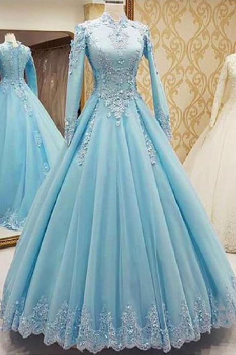 Elegant Tulle High Collar Floor-length A-line Prom Dresses With Lace Appliques & Beaded 3d Flowers