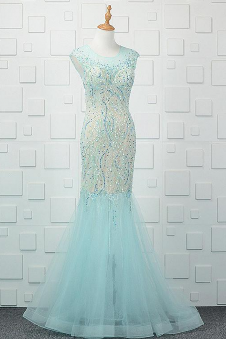 Winsome Lace &amp;amp; Tulle Jewel Neckline Floor-length Mermaid Evening Dresses With Beadings