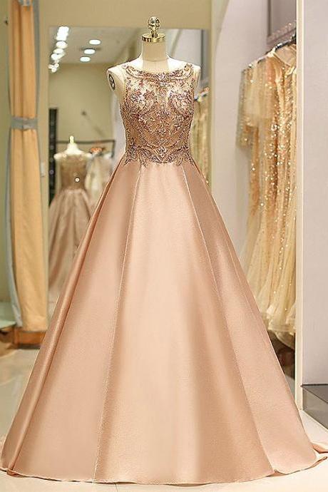  Fashionable Satin Jewel Neckline Floor-length A-line Prom Dress With Beadings 