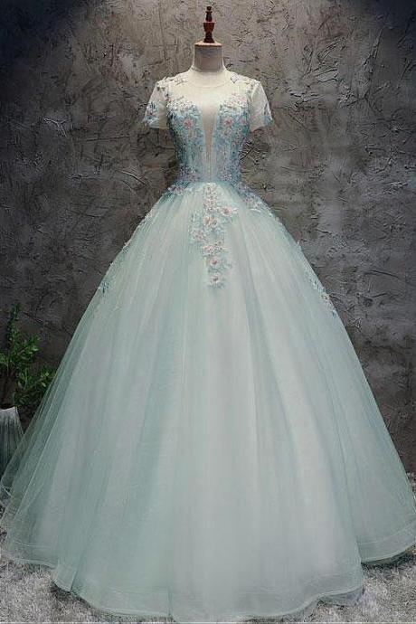 Wonderful Tulle Jewel Neckline Short Sleeves Ball Gown Prom Dress With Beaded Lace Appliques