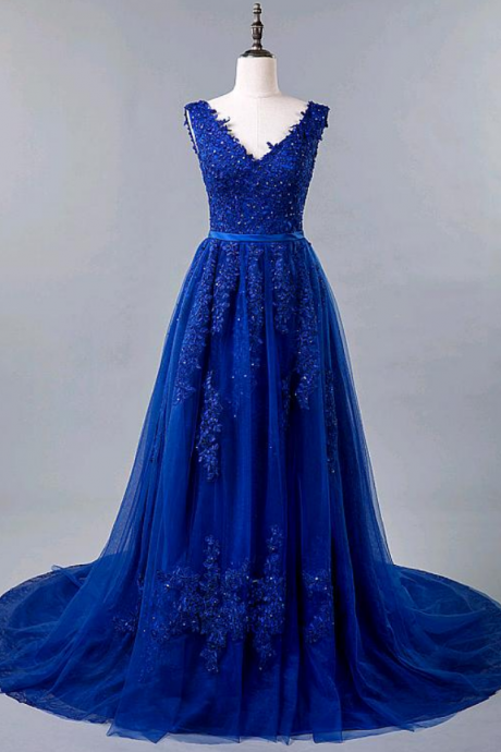 Romantic Tulle & Lace V-neck Neckline A-line Prom Dress With Beaded Lace Appliques & Belt