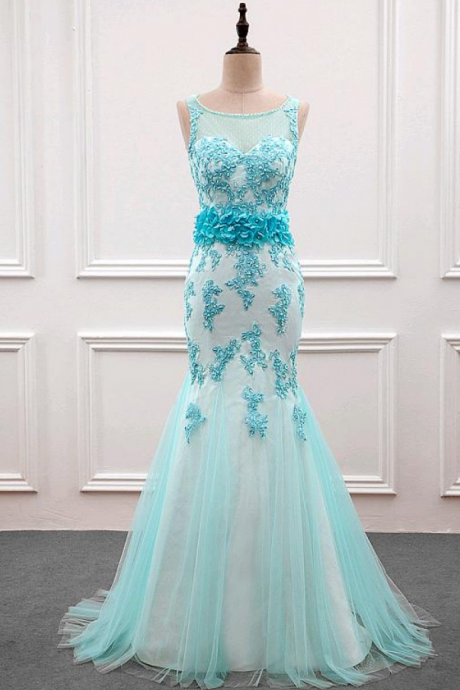 Amazing Polka Dot Tulle Scoop Neckline Mermaid Prom Dress With Beaded Lace Appliques & Handmade Flowers