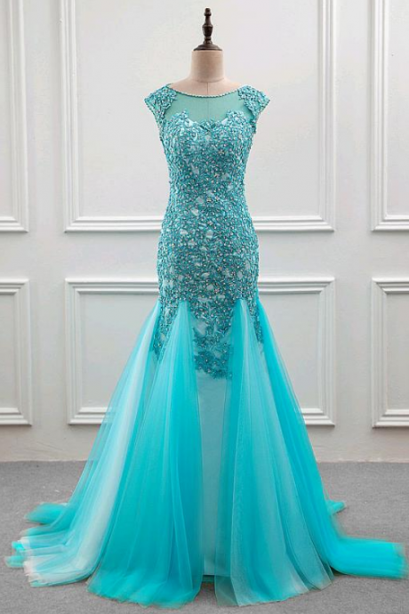 Marvelous Tulle Scoop Neckline Mermaid Evening Dress With Beaded Lace Appliques